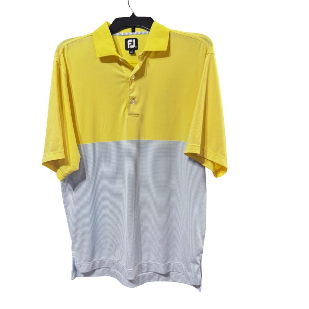 FootJoy Golf Polo Performance Spandex Yellow Blue Stripe Small Athletic Sporty